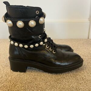Zara Pearl-Embellished Combat Boots sz 36